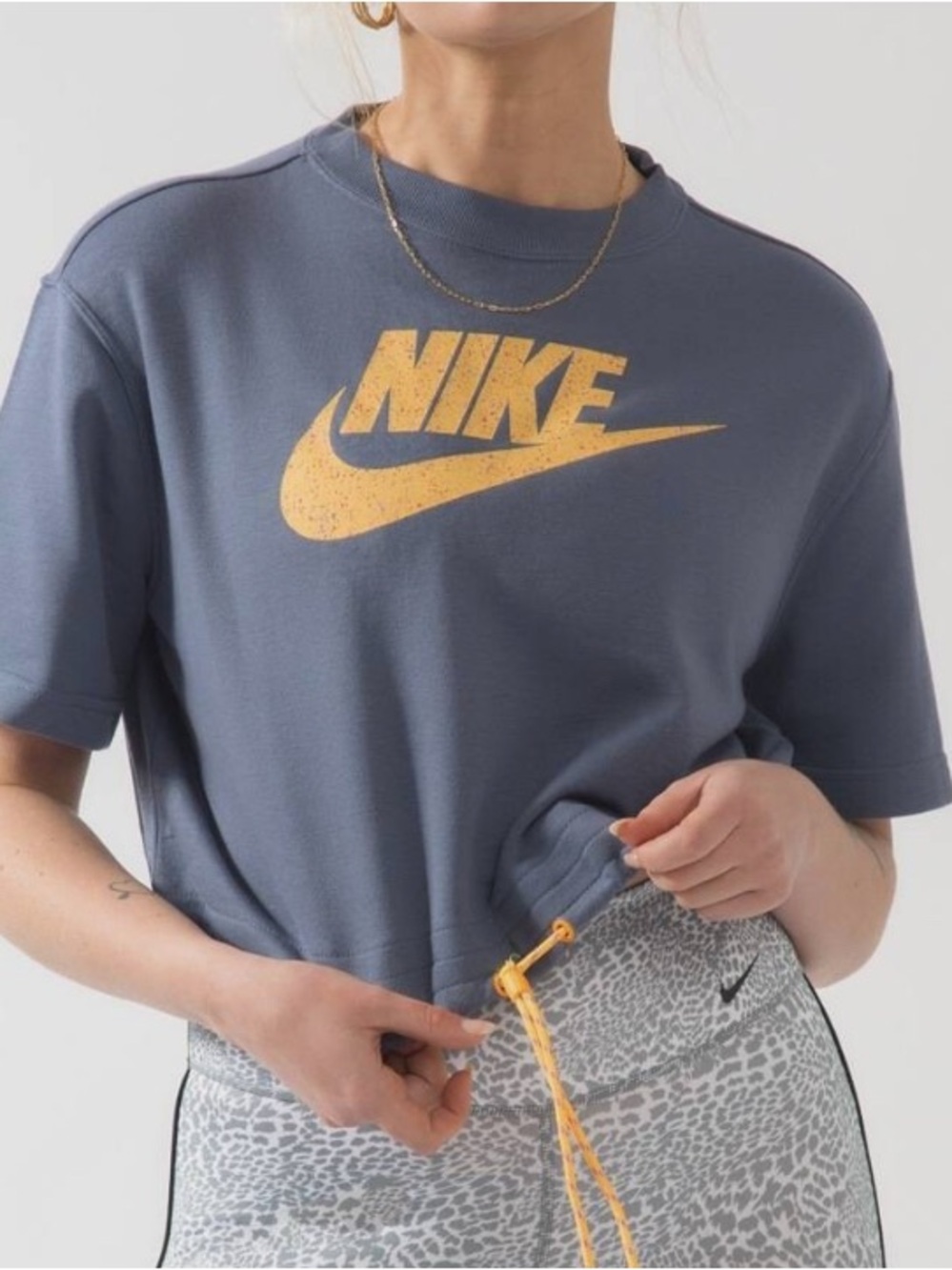 Nike Blue Cropped Short Sleeved Sweatshirt with Yellow Logo and drawstring